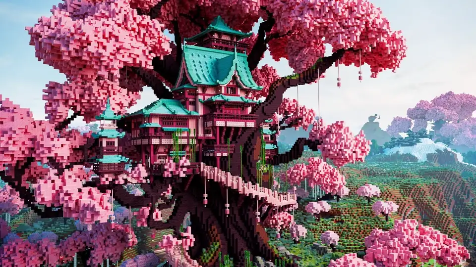 Minecraft замок среди цветущих деревьев